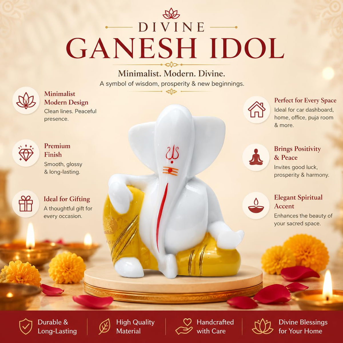 Bal Ganesha Idol, Small Ganesh Murti for Home Temple, White Gold Ganpati Bappa Statue, Baby Ganesha Showpiece for Pooja Room, Home Decor, Diwali Gift