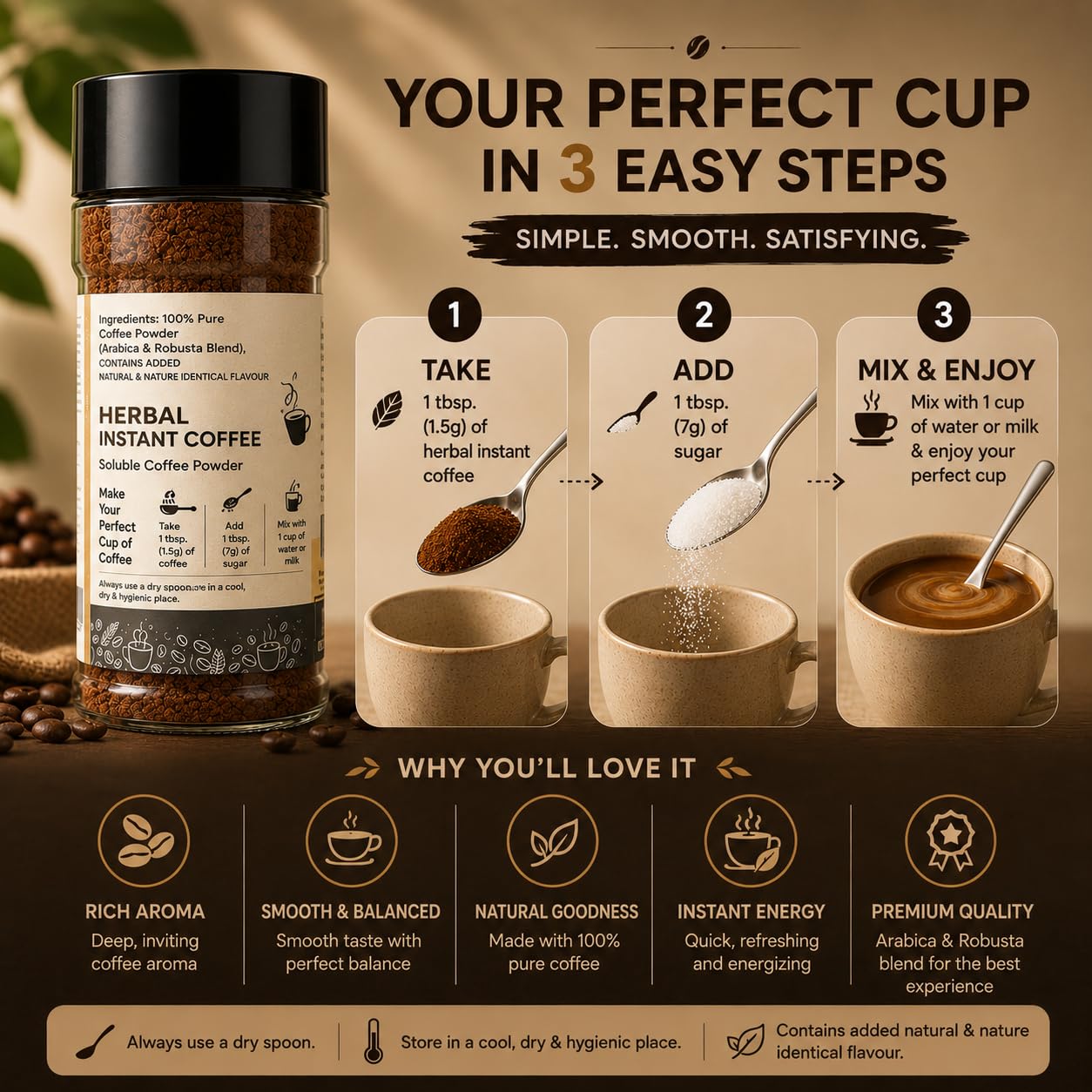 Evora Greens Herbal Instant Coffee | Arabica & Robusta Blend with Functional Herbs | Smooth Strong Taste | Hot & Black Coffee | Makes ~50 Cups | 100g Glass Jar