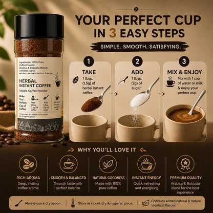 Evora Greens Herbal Instant Coffee | Arabica & Robusta Blend with Functional Herbs | Smooth Strong Taste | Hot & Black Coffee | Makes ~50 Cups | 100g Glass Jar