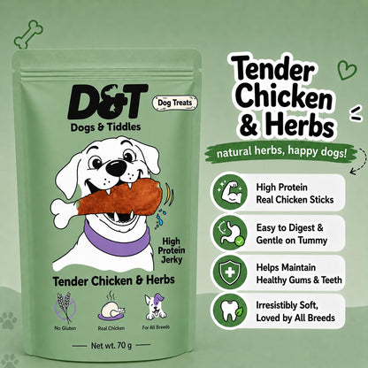 Dogs & Tiddles Tender Chicken & Herbs Jerky Dog Treats for Puppies & Adult Dogs, 70g | Soft & Chewy High-Protein Dog Snacks | Grain-Free Training Treats| Easily Digestible and Healthy
