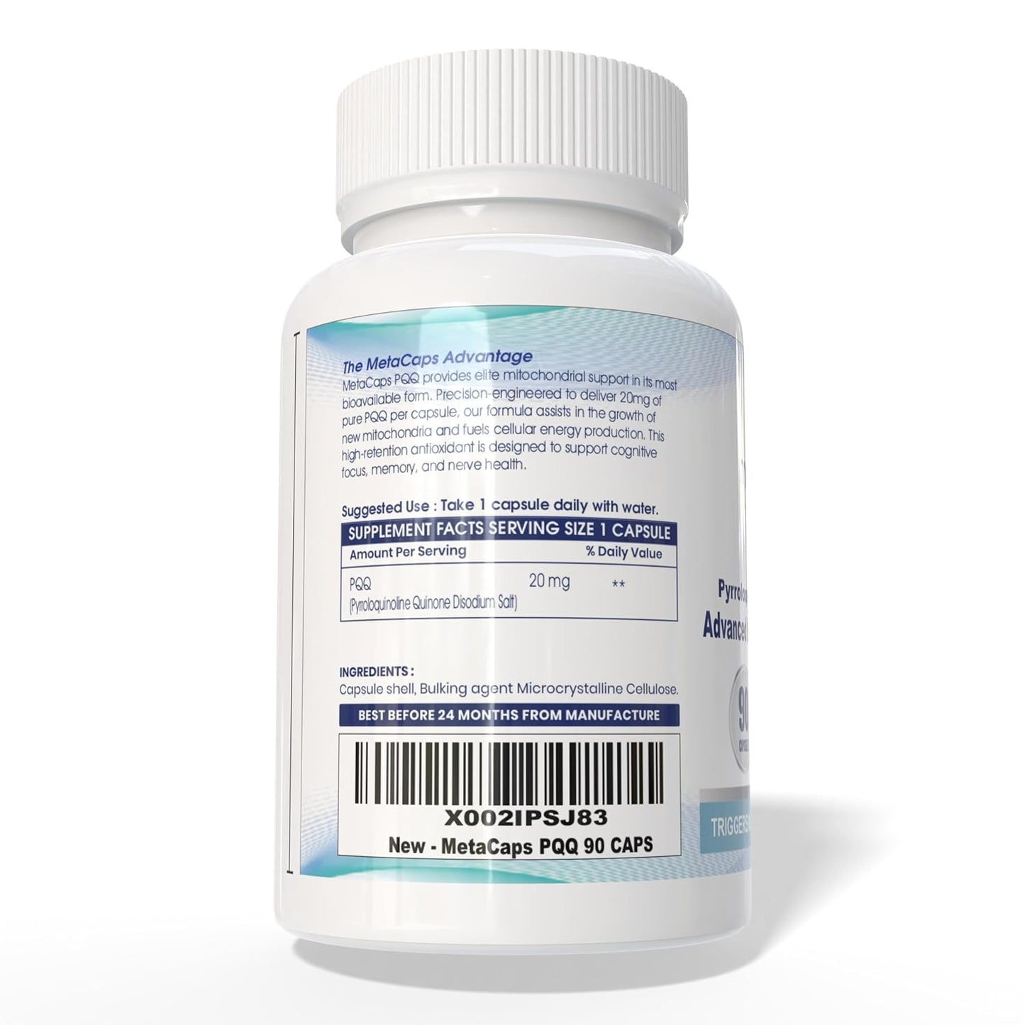 MetaCaps PQQ 20mg – 90 Veg Capsules | Ultra-Potent Mitochondrial Support & Brain Health Supplement | Enhances Energy, Focus & Cognitive Function | Advanced Antioxidant for Longevity | Non-GMO & Vegan