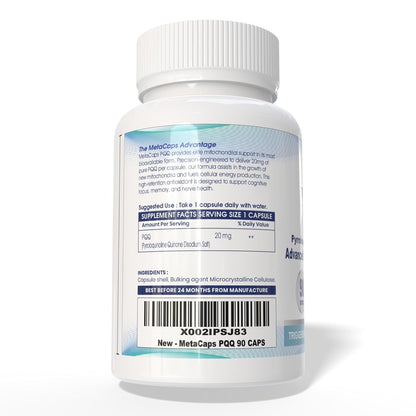 MetaCaps PQQ 20mg – 90 Veg Capsules | Ultra-Potent Mitochondrial Support & Brain Health Supplement | Enhances Energy, Focus & Cognitive Function | Advanced Antioxidant for Longevity | Non-GMO & Vegan