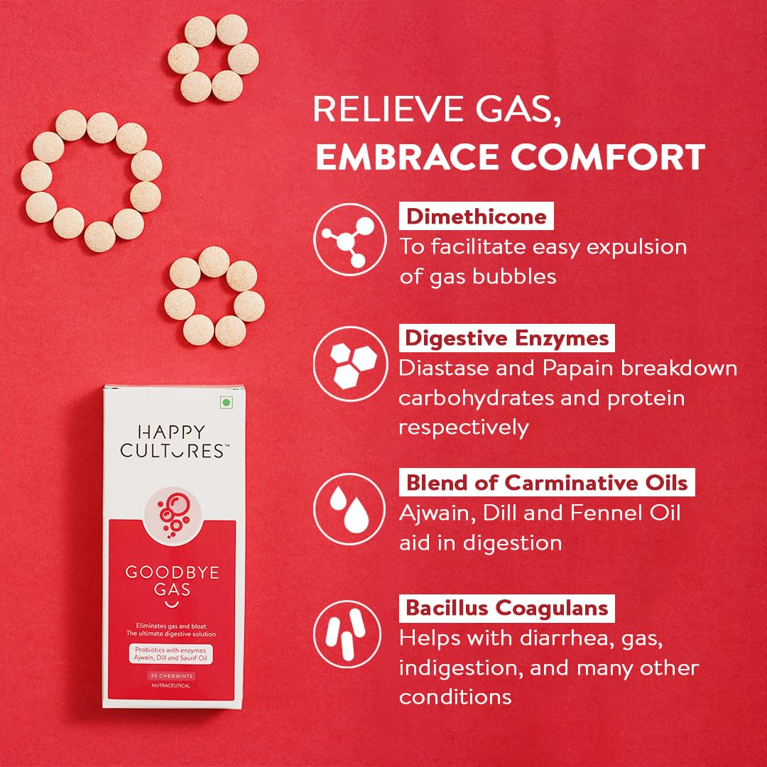 VELBIOM Happy Cultures Goodbye Gas, All Types of Gas Relief, Unique Blend of Probiotics 125 Million CFU, Ajwain Oil, Saunf Oil, Digestive Enzymes, Alleviates Gas, Bloating & Indigestion -30 Chewables