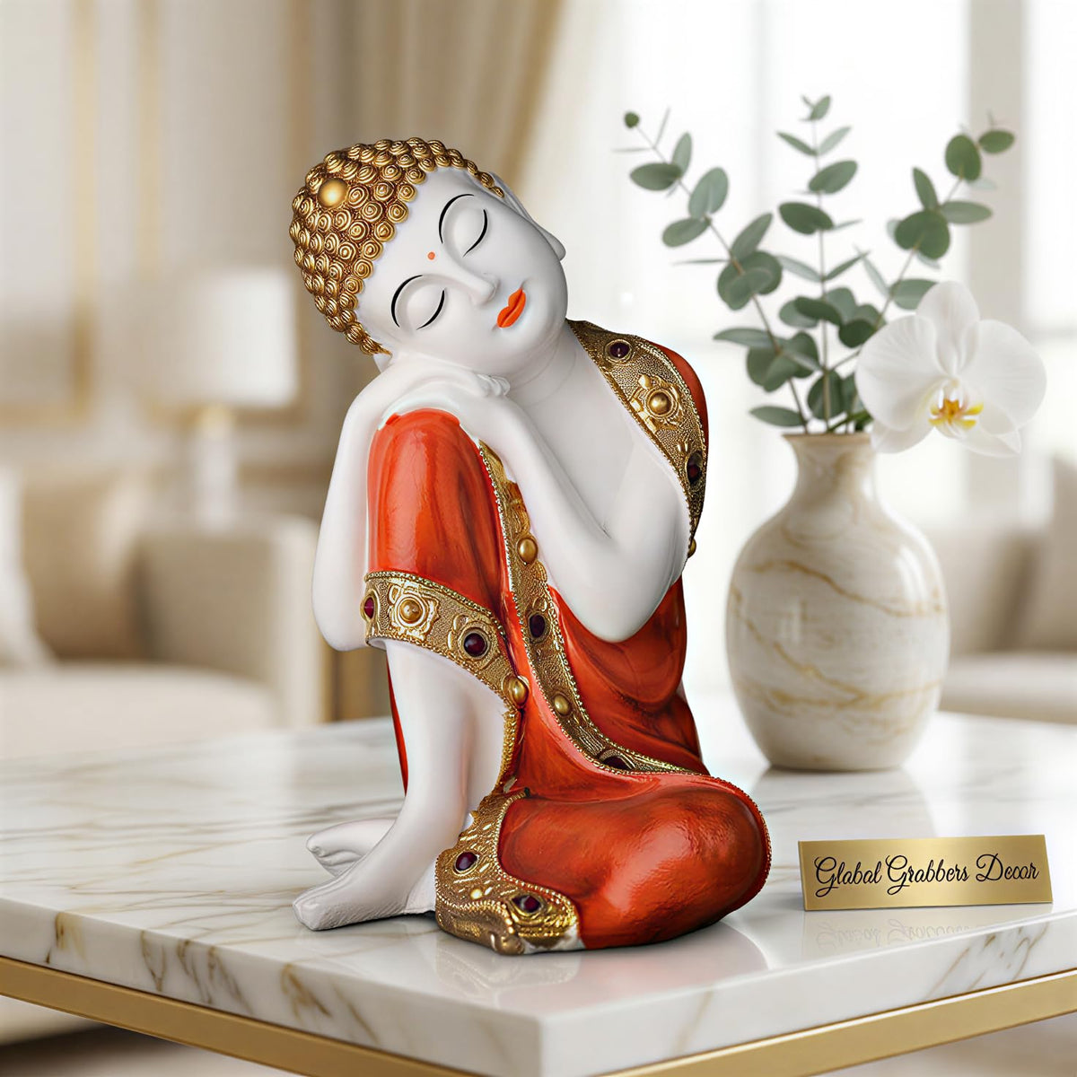 Buddha Idol Statue | Show Pieces for Home Decor Living Room (Orange White Glossy)
