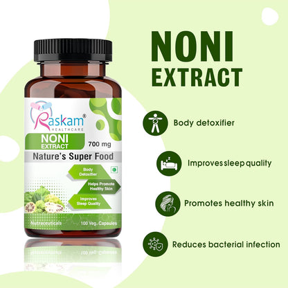 Bottle of Raskam Noni Extract with product details on a green background