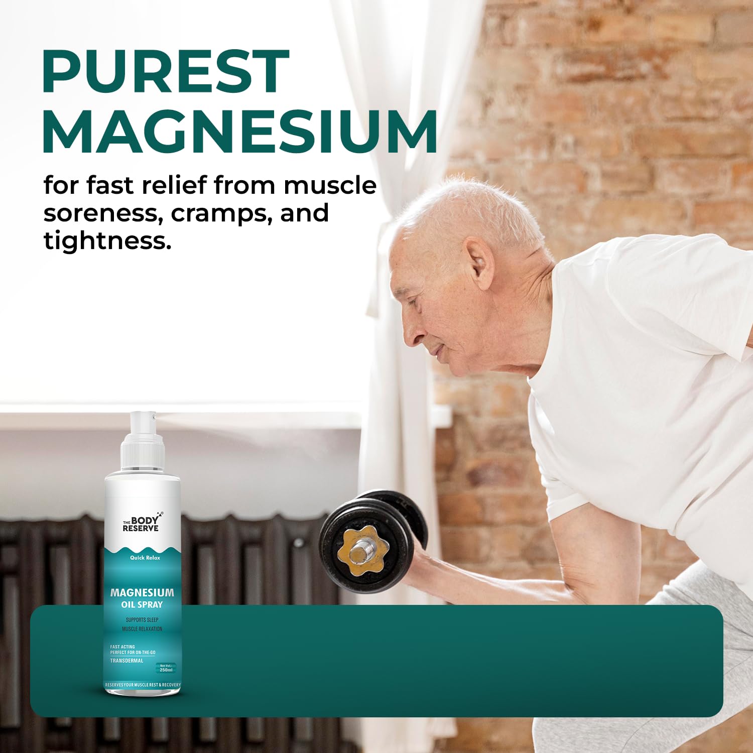 Person exercising with a bottle of magnesium oil spray in a home setting.