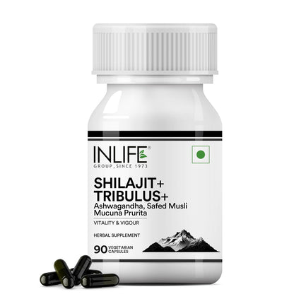 INLIFE Shilajit with Safed Musli | Ashwagandha, Tribulus (Gokshura) Capsules For Men and Women | Strength and Stamina | Ayurvedic Wellness Supplement - 90 Vegetarian Capsules