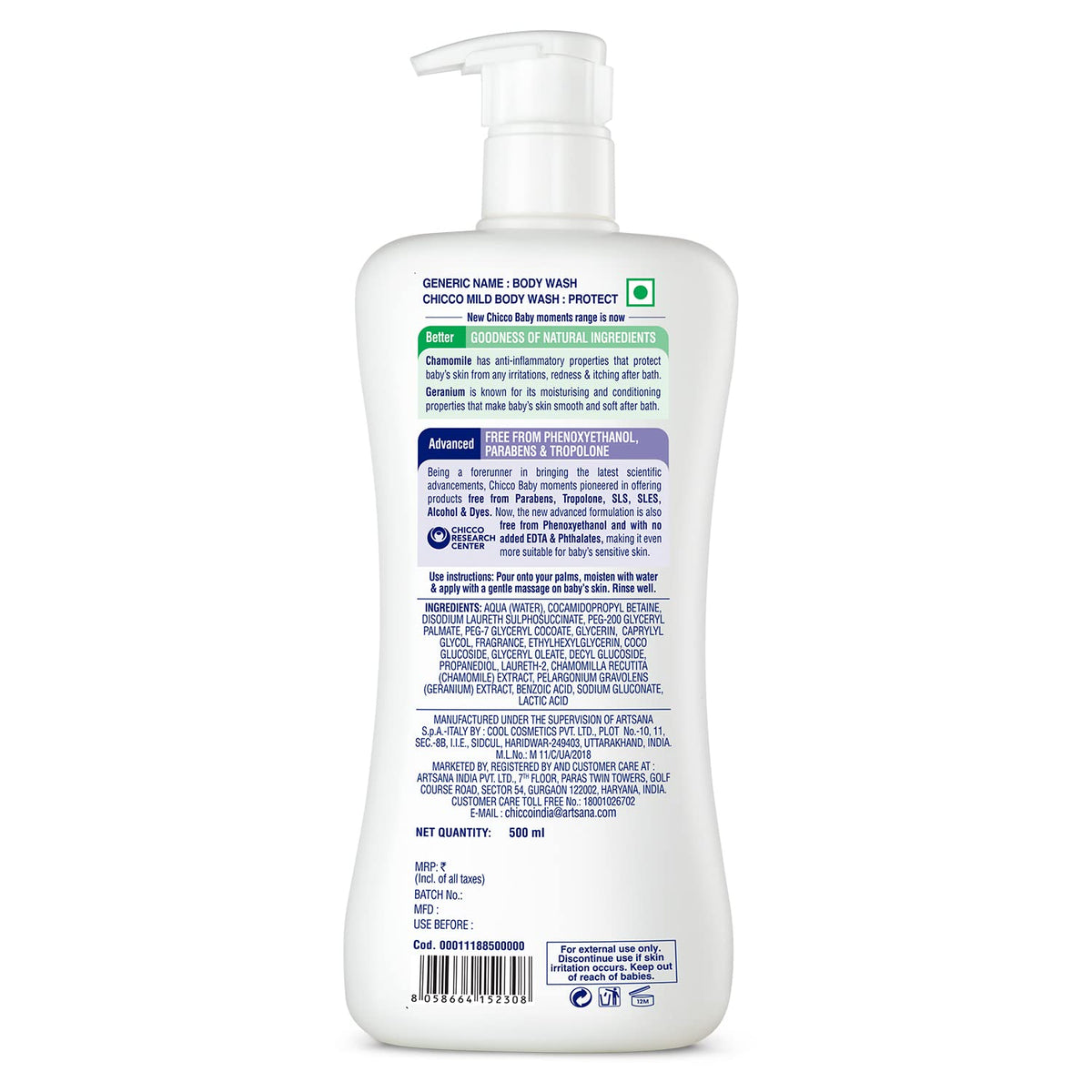 Chicco Baby Moments Mild Body Wash Protect, New Advanced Formula With Natural Ingredients, No Tears, Suitable For Babys Body Wash, No Phenoxyethanol And Parabens (500Ml)