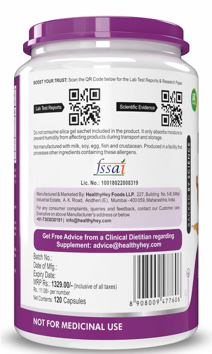 Supplement container with purple lid and label on a white background