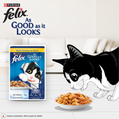 Purina Felix Chicken in Jelly, Wet Food for Adult Cats, 85g Pouch | With Chicken in Jelly, Tasty Meaty Chunks, 100% Complete & Balanced Nutrition, Vitamins D & E, Omega 6, Essential Minerals