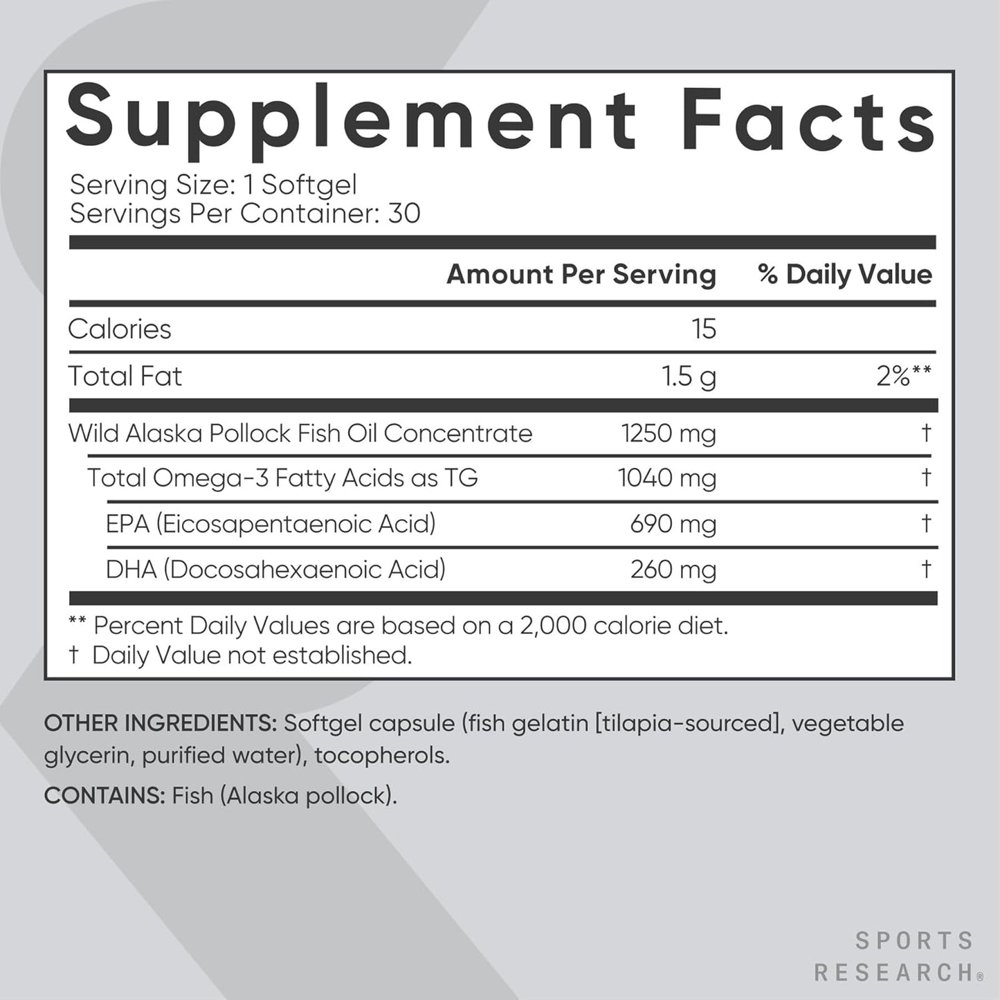 Supplement facts label for Wild Alaska Pollock Fish Oil Concentrate on a gray background