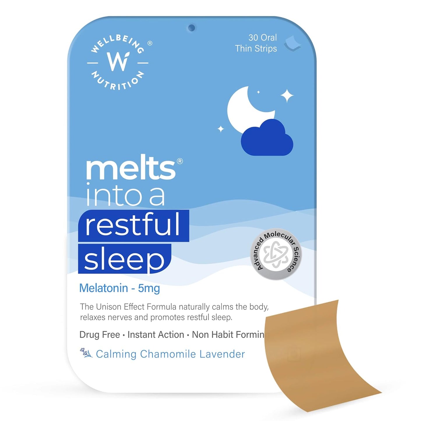 Zephivo Wellbeing Nutrition melts Restful Sleep | Plant-Based Melatonin 5mg for Deep Sleep, Stress Relief | Clinically Proven, Safe & Non-Addictive with Chamomile, Tagara, L-Theanine | 30 Oral Thin Strips
