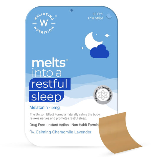 Zephivo Wellbeing Nutrition melts Restful Sleep | Plant-Based Melatonin 5mg for Deep Sleep, Stress Relief | Clinically Proven, Safe & Non-Addictive with Chamomile, Tagara, L-Theanine | 30 Oral Thin Strips