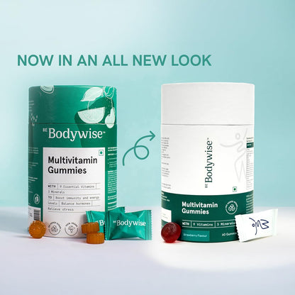 Be Bodywise Multivitamin Gummies|With Fibre, Zinc, Iron & Biotin|Vitamin D3, B6, E & A|Boosts Energy & Stamina, Improves Immunity & Skin Health|Vegan, Gluten & Gelatin Free, 1 count, 60 Servings