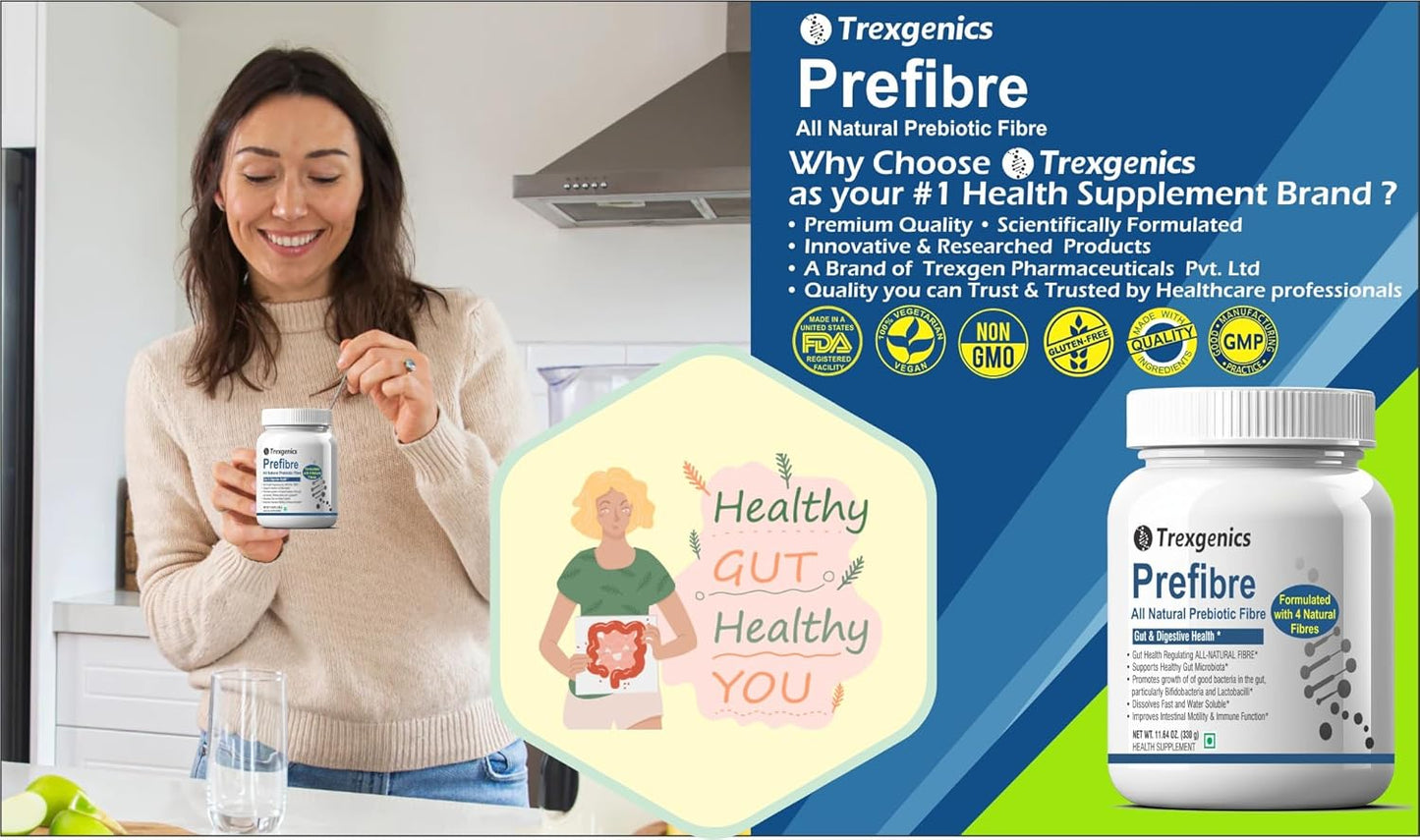 Woman holding a Tregenics Prefibre supplement with product packaging and branding elements.