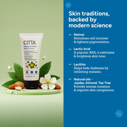 CITTA Depigmentation Body Cream with Retinol, Lactic Acid & Almond Oil – Reduces Tan, Pigmentation & Evens Skin Tone – Treats Dark Patches on Elbows, Knees, Neck & Thighs – For Men & Women – 50g