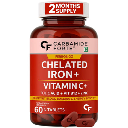 Bottle of Carbamide Forte Chelated Iron + Vitamin C supplement on a white background
