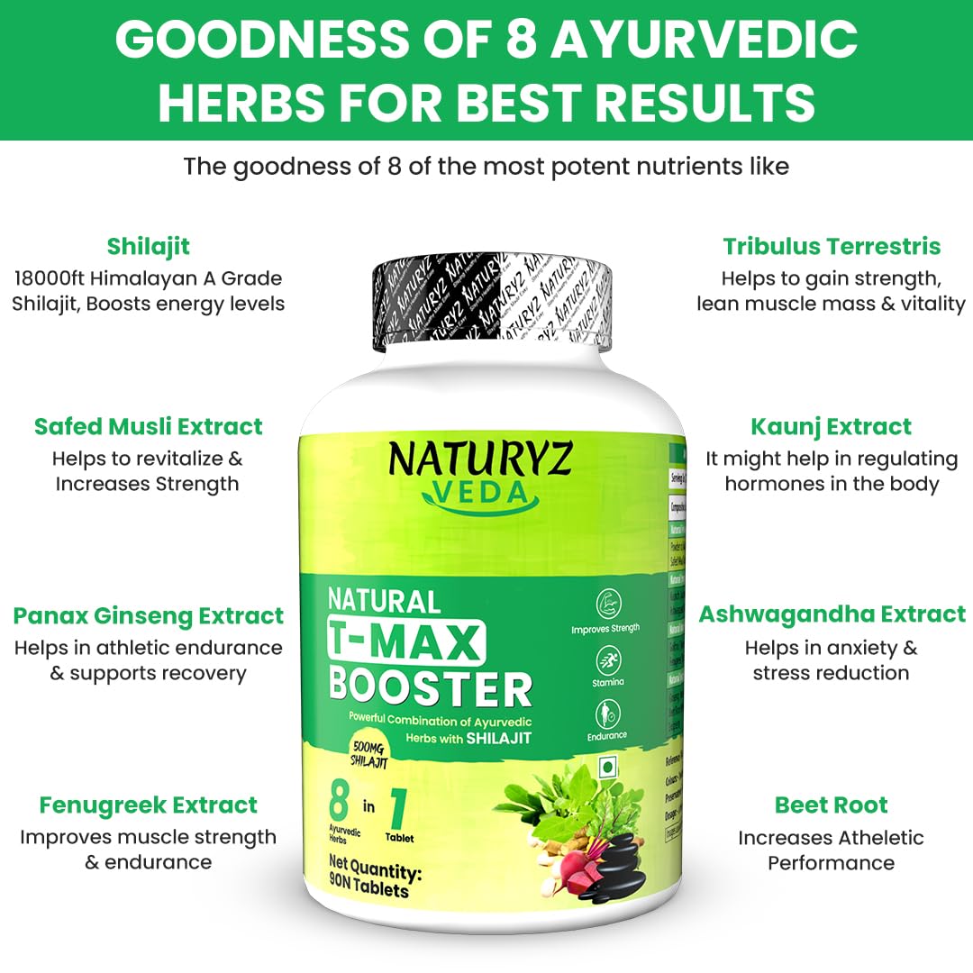 Naturyz Veda T-Max Booster supplement bottle with Ayurvedic herbs listed on a white background