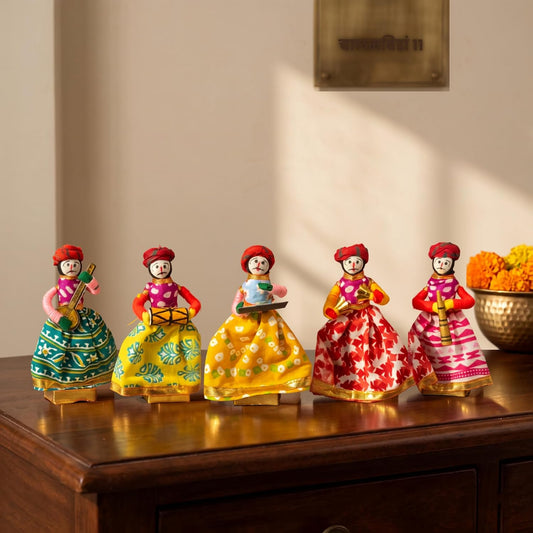 JH Gallery Recycled Material Rajasthani Home Decor Items Musician Bawla Puppets Idol Show Pieces for Home Decor 11 X 28 Cm Multicolor, 5 Pieces (Male Puppets)
