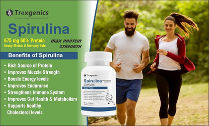 Spirulina supplement bottle with a man and woman running outdoors, Trexgenics branding visible