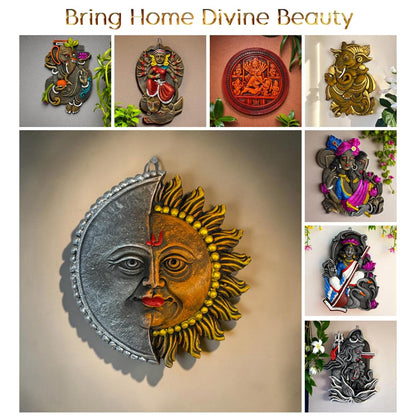 Sun Moon Terracotta Wall Hanging | Hand-Painted Sun & Moon Figurine Spiritual Wall Decor for Main Door Entrance, Home, Office & Vastu Decoration | Spiritual Wall Art (14x14 CM)