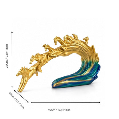 eCraftIndia Golden Running Horse Family Showpiece for Home Décor | Abstract Horse Sculpture with Blue Wave Base | Decorative Figurine for Living Room, Office Table & Gifting
