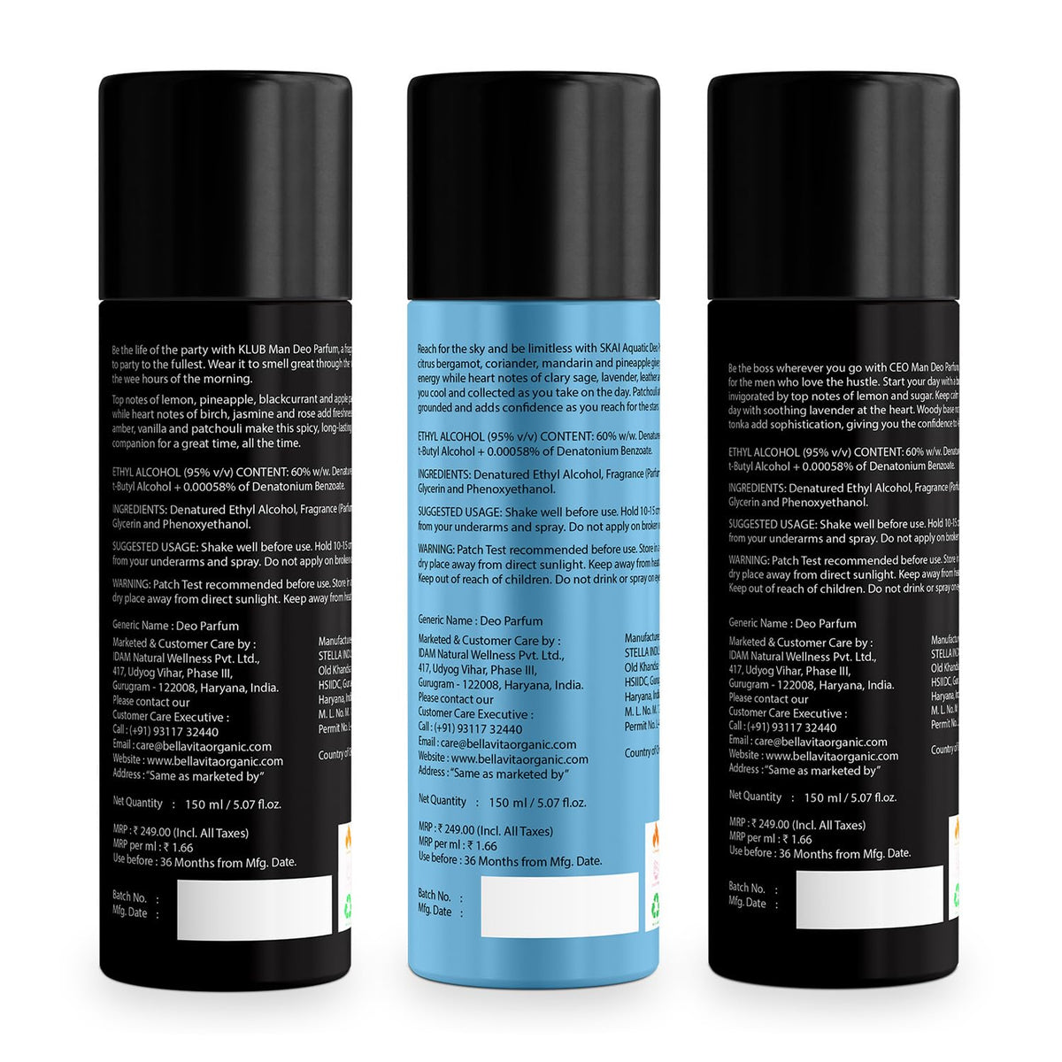 Three bottles with labels on a white background