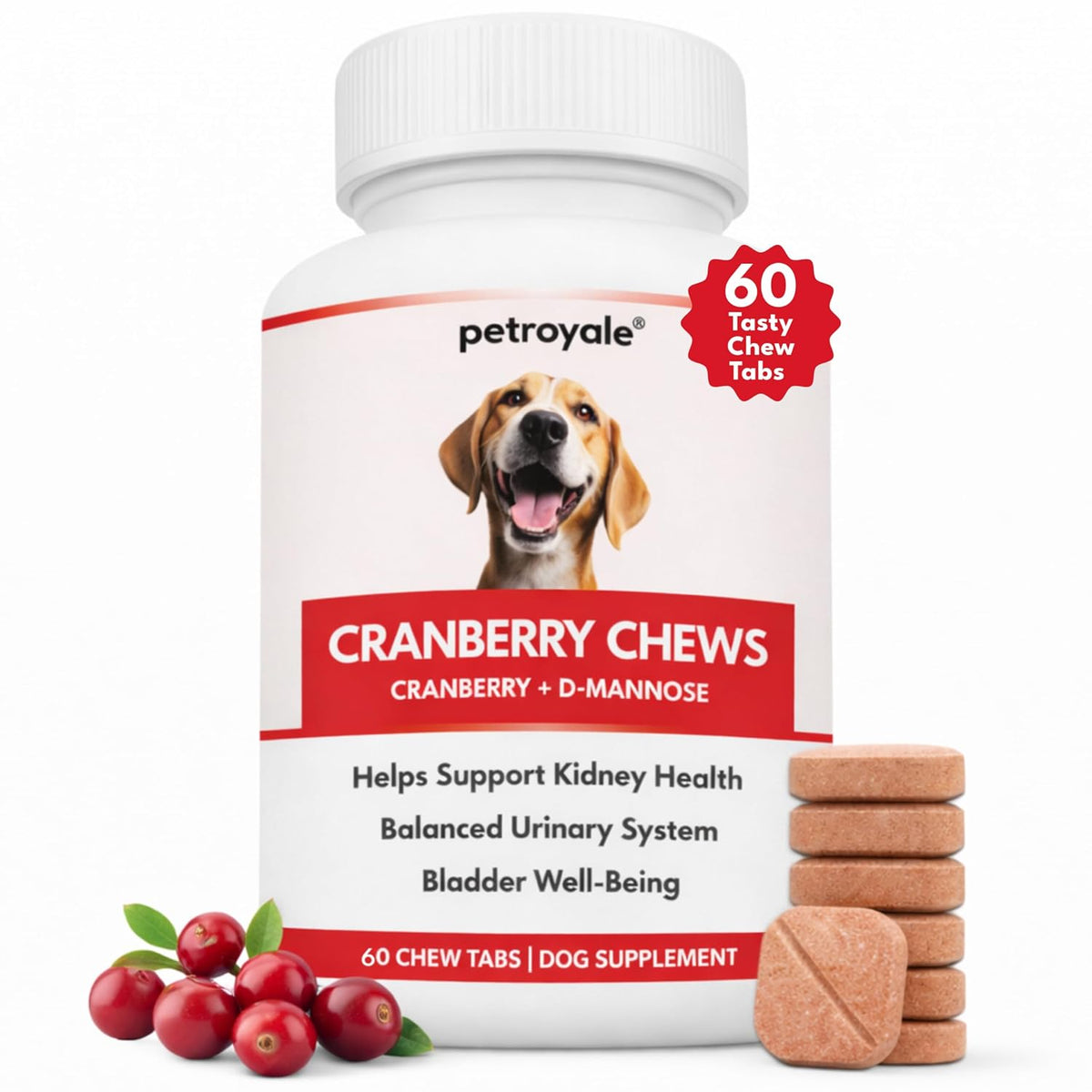 Petroyale Cranberry Chew Tabs for Dogs - Dog UTI Health Supplement - Better Urinary Tract & Bladder Function - Antioxidant, Anti-Inflammatory - for Dogs of All Breeds (60 Soft Chews)