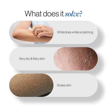 Product advertisement showing skin conditions and a hand, with text asking 'What does it solve?'.