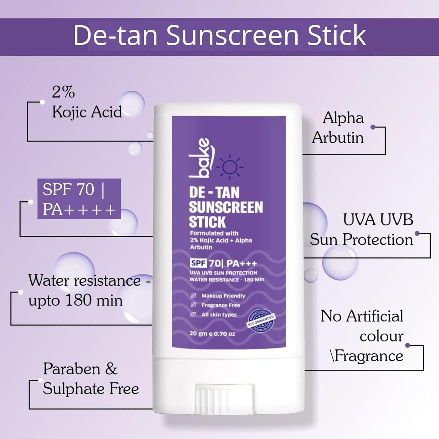 BAKE De-Tan Water Resistant Sunscreen Stick SPF 70 PA++++ with 2% Kojic Acid & Alpha Arbutin | Lightweight, No White Cast | For All Skin Types | For Pigmentation & Dark Spots - 20g