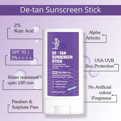 BAKE De-Tan Water Resistant Sunscreen Stick SPF 70 PA++++ with 2% Kojic Acid & Alpha Arbutin | Lightweight, No White Cast | For All Skin Types | For Pigmentation & Dark Spots - 20g