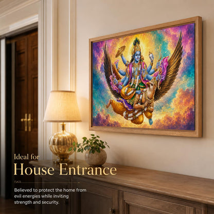 Lord Vishnu Garuda Vastu Devotional Wall Painting for Living Room Bedroom Hall Office Decor, Hindu Spiritual Artwork, Premium Wooden Synthetic Frame (13.5 x 19.5 Inch) NM01-V-165