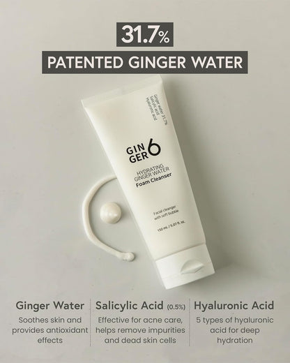 Foam cleanser with ginger water and skincare benefits on a neutral background