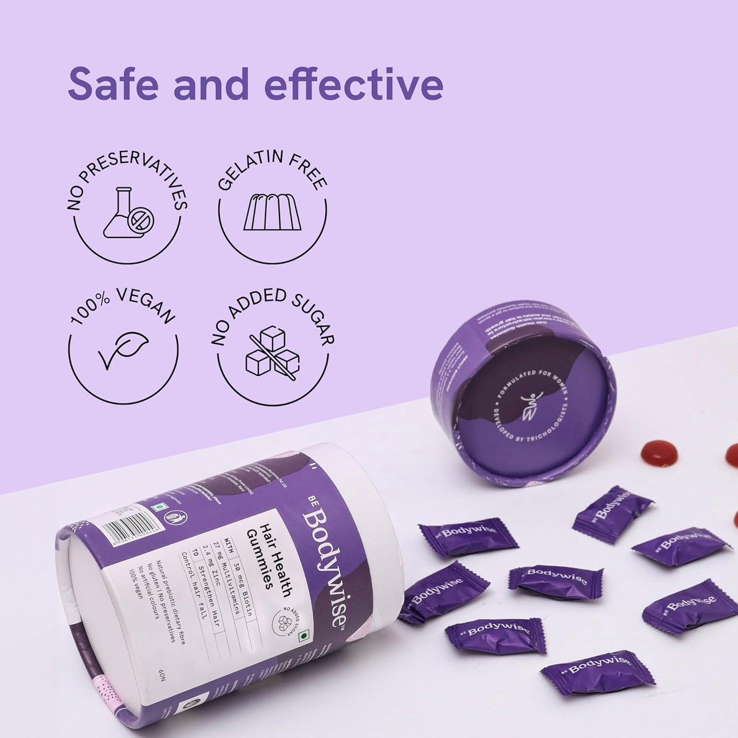 Be Bodywise Biotin Hair Gummies for Postpartum Hair Fall | 60 Day Pack | With High Potency Biotin, Zinc, Folic Acid, Fibre & Multivitamins | Strawberry Flavour