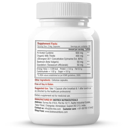 Biotrex Nutraceuticals Liver Detox 1400mg | Milk Thistle (85% Silymarin) with N Acetyl Cysteine | Hepatoprotective | Supports Fatty Liver Protection | Metabolic Balance | Natural Formula - 60 Veg Capsules