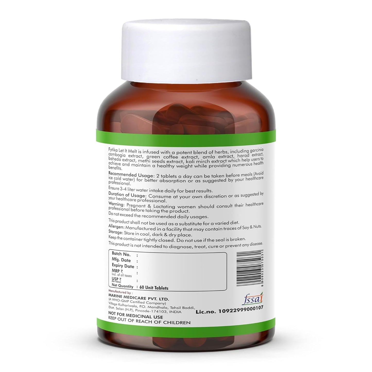 Brown supplement bottle with white label on a white background
