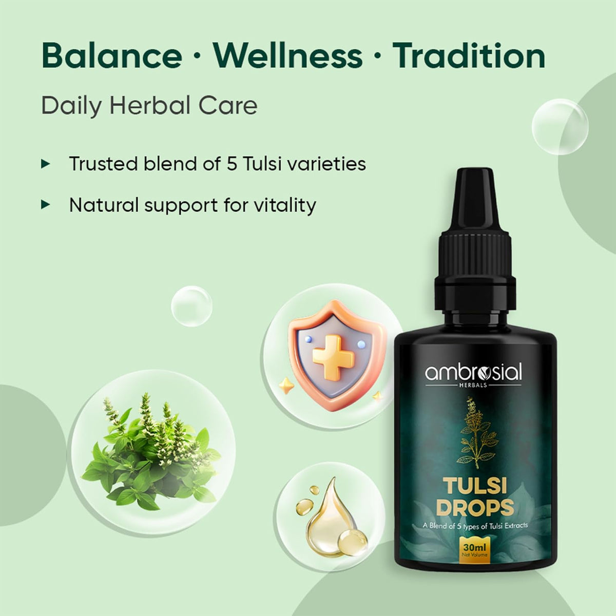 Ambrosial Tulsi Drops bottle with text on a green background