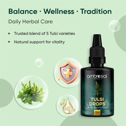 Ambrosial Tulsi Drops bottle with text on a green background