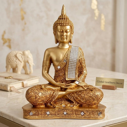 Global Grabbers New 25 Centimetre Meditating Sitting Buddha Statue showpiece Idol Home Decor Items for Living Room and Gifts (Golden2)