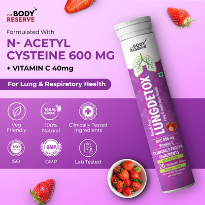 Product packaging for 'LUNG DETOX' by 'The Body Reserve' with N-Acetyl Cysteine and Vitamin C on a purple background.