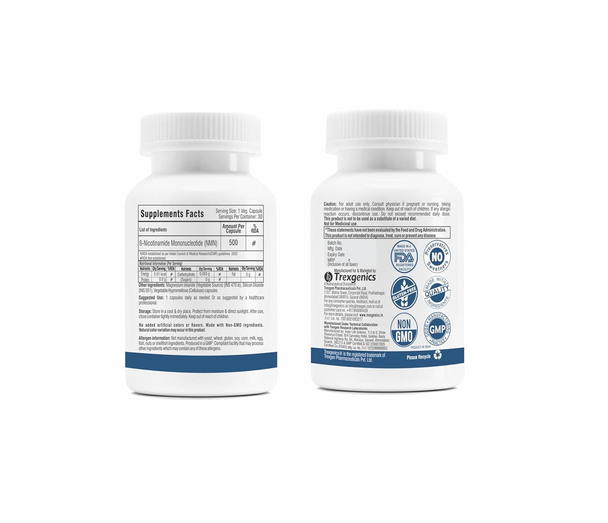 Two supplement bottles with labels on a white background