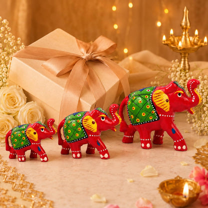 DreamKraft Paper Mache Elephant Showpiece for Enhance Home Decor - Red (Set of 3)