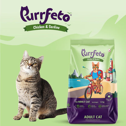 Purrfeto Adult Dry Cat Food | Chicken & Sardine | 1.2 kg |40% Reduction in Urinary Track Diseases |Anti Hairball Formula |Healthy Skin & Coat |Improves Digestive Health