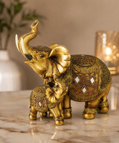 Decorative Elephant Showpiece for Home Décor | Resin Lucky Elephant Statue with Mother & Baby Design | Tabletop Feng Shui Good Luck Idol (Baby Elephant with Mother)