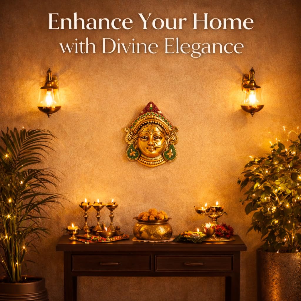 Kalakriti Goddess Durga Face Wall Hanging Navratri Decorative Idol | Golden Finish Beaded Hindu Ambe MATA Bengali Devi Mask for Home Temple, Living Room & Festive Decor (Durga Face)