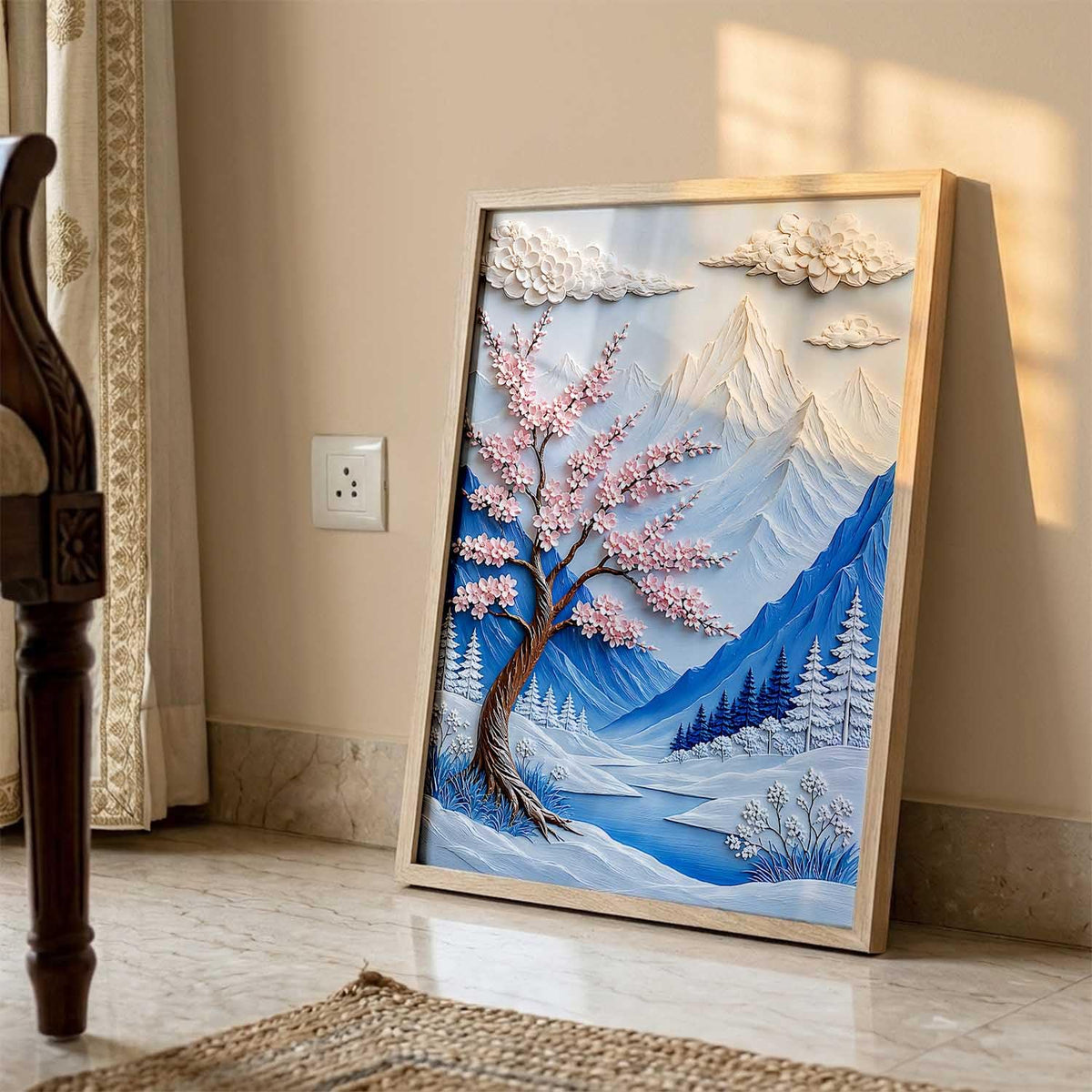 Aesthetic Flower Art Painting with Frame | Mountain Wall Painting With Frame | Textured Digital Reprint For Home Decor Living Room Bedroom Wall Decor Set of 1 Size (13X17 INCH)