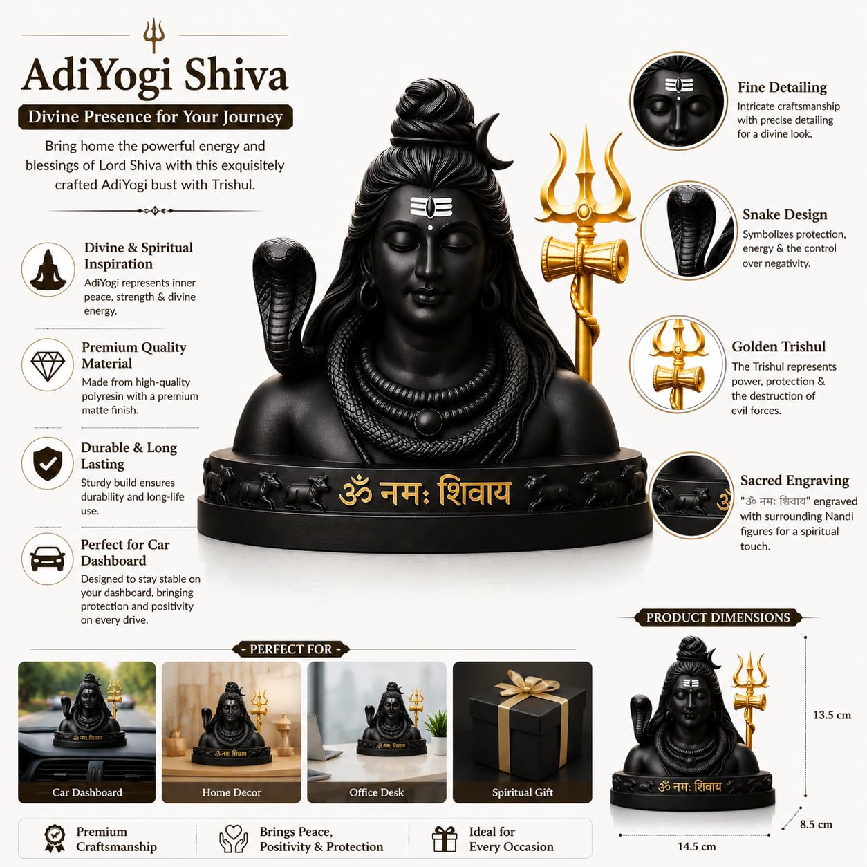 B.R STORE Lord Shiva Idol with Golden Trishul Bust, Black