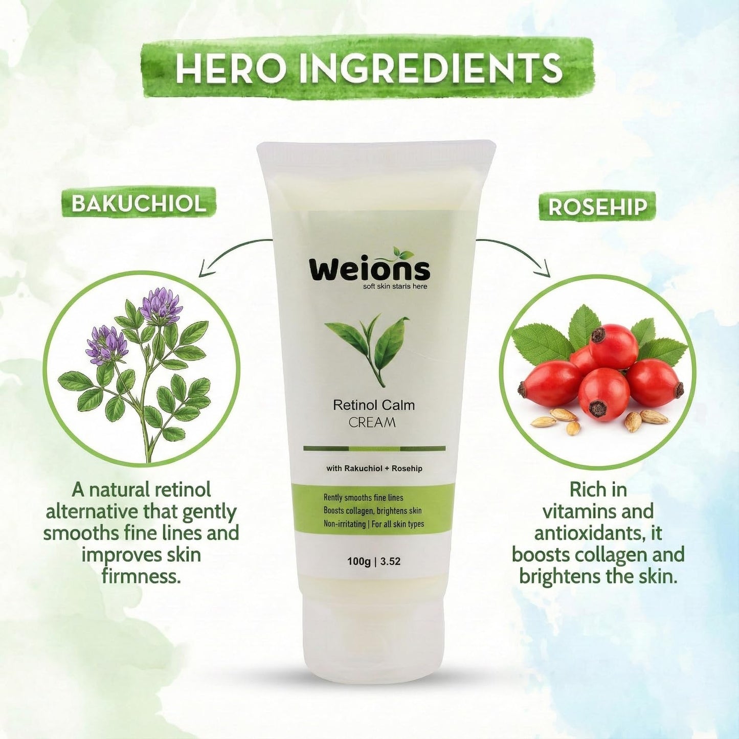 Retinol Calm Cream with Bakuchiol and Rosehip, Anti-Ageing Night Treatment, 100g