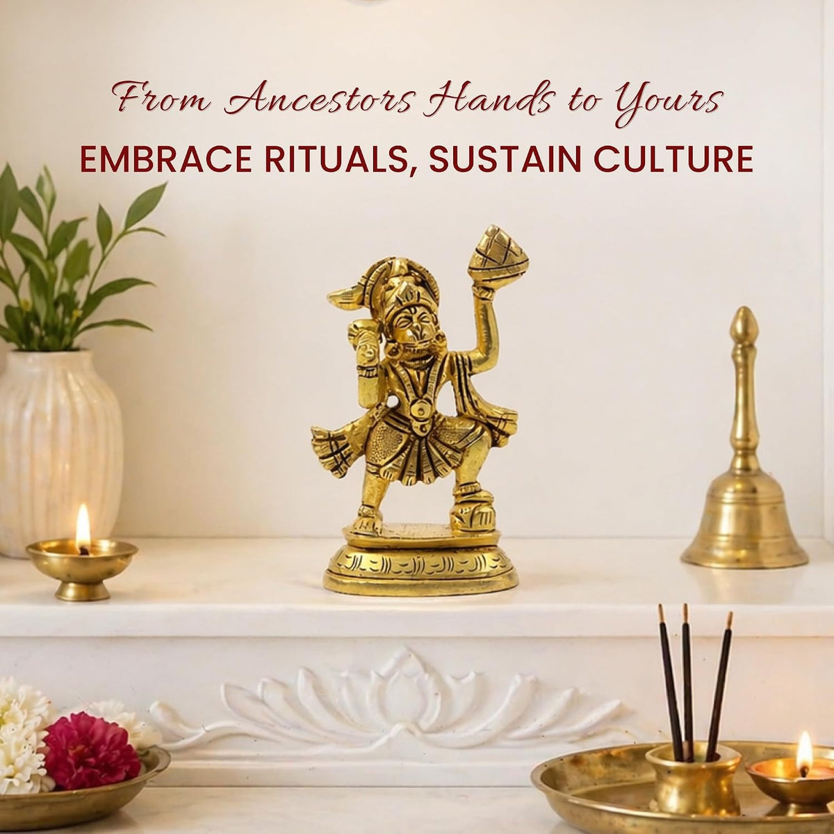 Brass Hanuman Ji Idol | Handcrafted Hanuman Murti for Pooja Room | Home Temple & Festival Gift (Design11: L5 x W3 x H10 cm)