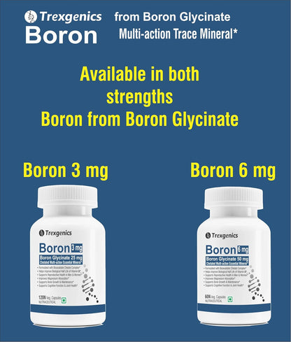 Trexgenics Boron 3 mg from Boron Glycinate 25 mg Multi-action Mineral, Bone, Cognitive Function & Joint Health (120 Veg Capsules)